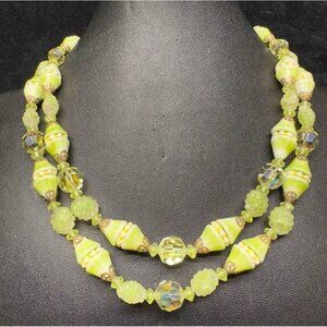 Murano Necklace Venetian Lamp Work Glass Art Light Green Yellow Beaded Double 20